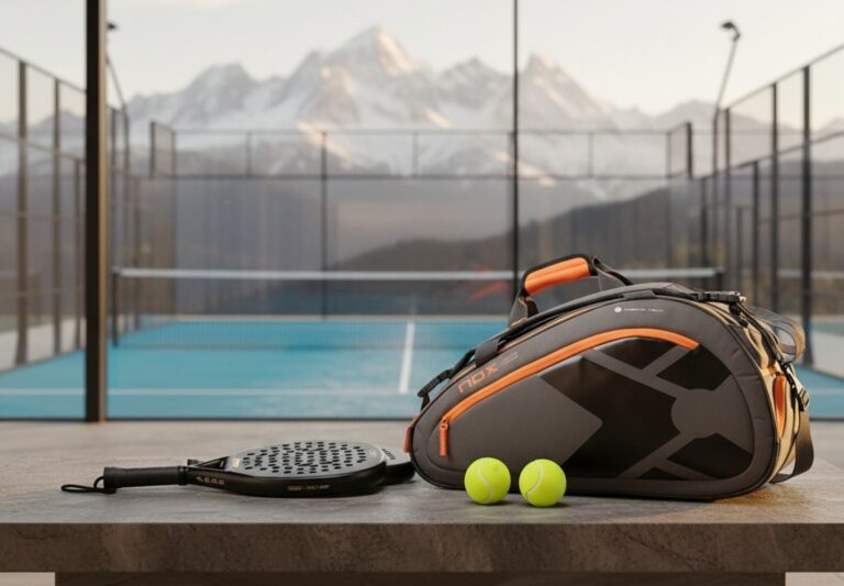 Najlepší Padel Eshop Slovensko - Prémiová padel taška Nox a raketa na kurte s výhľadom na hory.