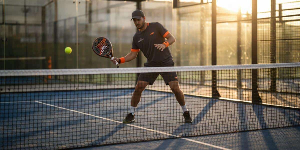 Hráč padelu vykonáva podanie zdola na kurte podľa oficiálnych padel pravidiel.