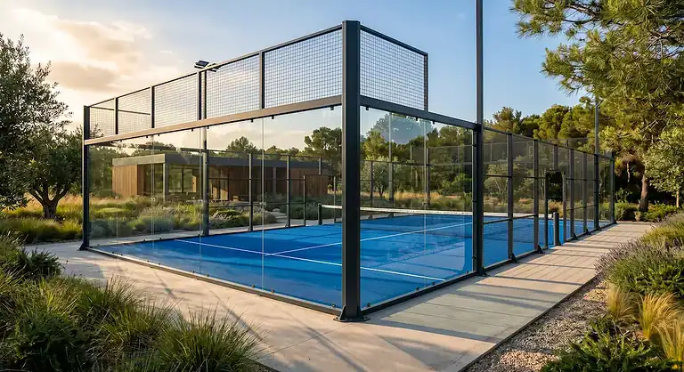 Moderné padelové ihrisko s modrým povrchom a sklenenými stenami realizované na Slovensku