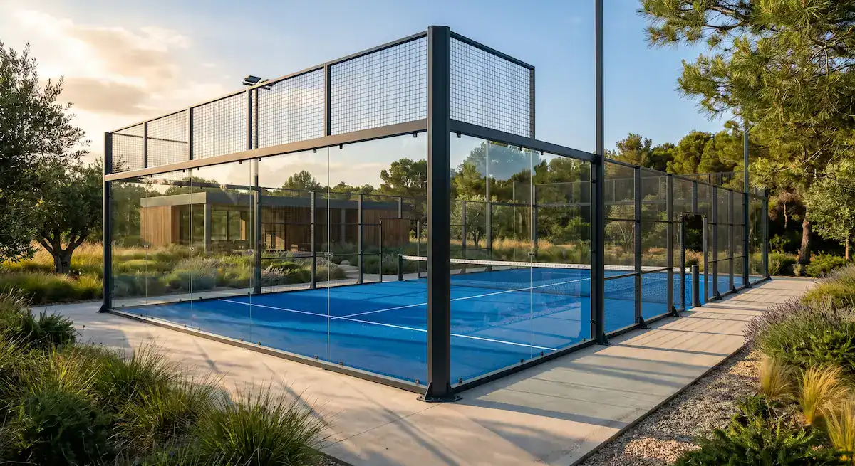 Moderné padelové ihrisko s modrým povrchom a sklenenými stenami realizované na Slovensku